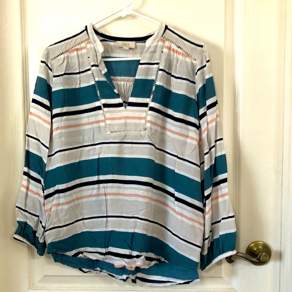 LOFT Teal Stripe High-Low Blouse